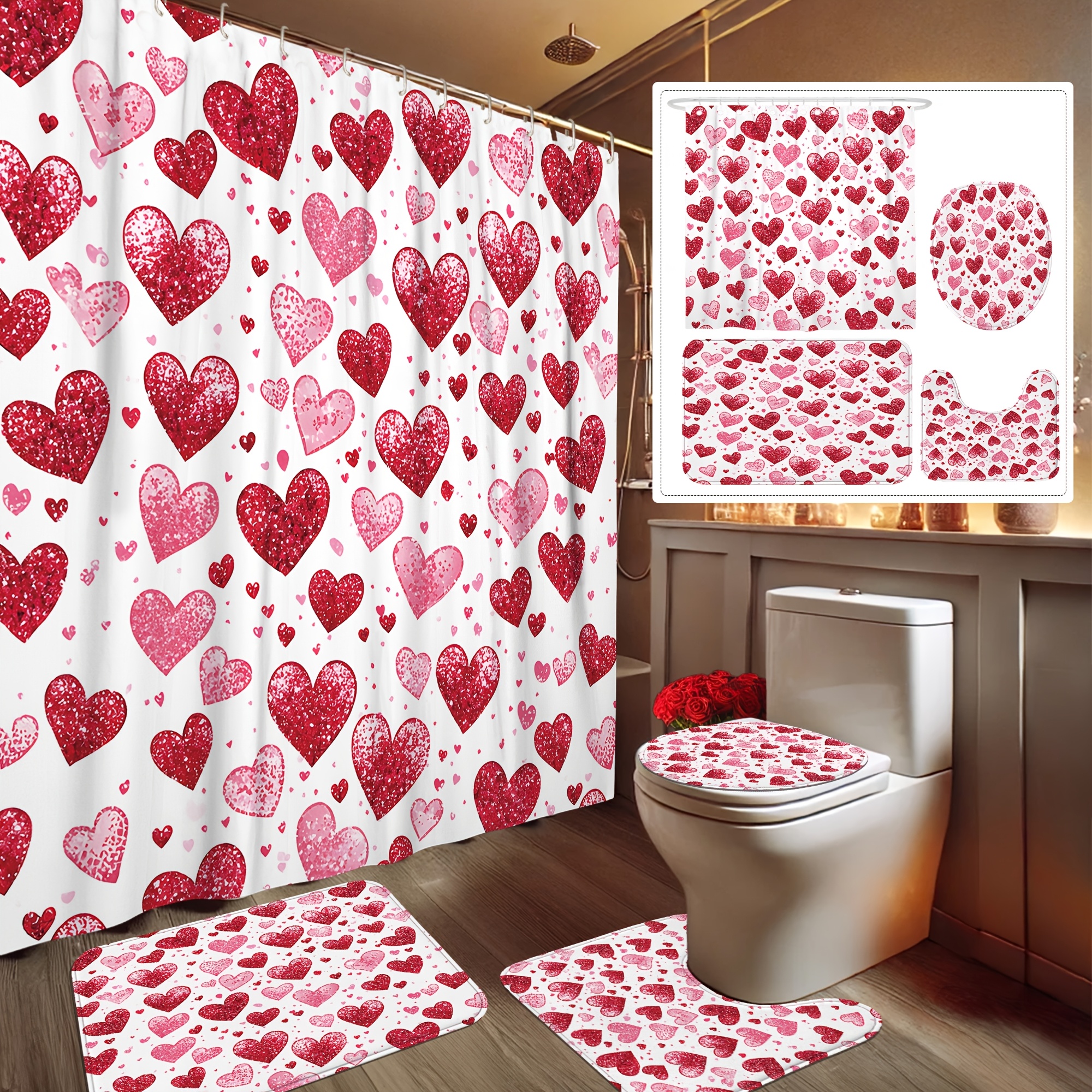 

1 Set Valentine's Day Heart Shower Curtain Set, Romantic Polyester Bathroom Decor With Non-slip Bath Mat, Toilet Lid Cover, And 12 Hooks, Machine Washable, Woven, Unlined - 1/4pcs Set