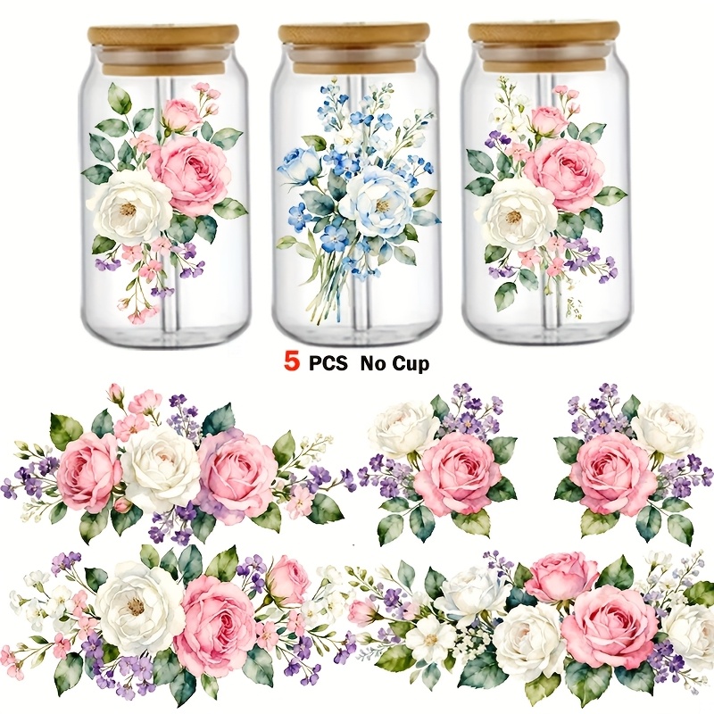 TEMU 5pcs Set Of Floral-themed Designs, Pink Rose Flower Uv Dtf Heat Transfer, Cartoon Patterns, Suitable For 16-oz Glass Tumblers, Mugs, Decorative