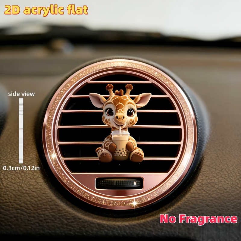 TEMU 2d Flat, 1pc Cute Giraffe Holding A Milk Tea Car Air Vent Clip Decoration, "car Fragrance Diffuser", "unscented", With Dual Odorless Sponge Pads