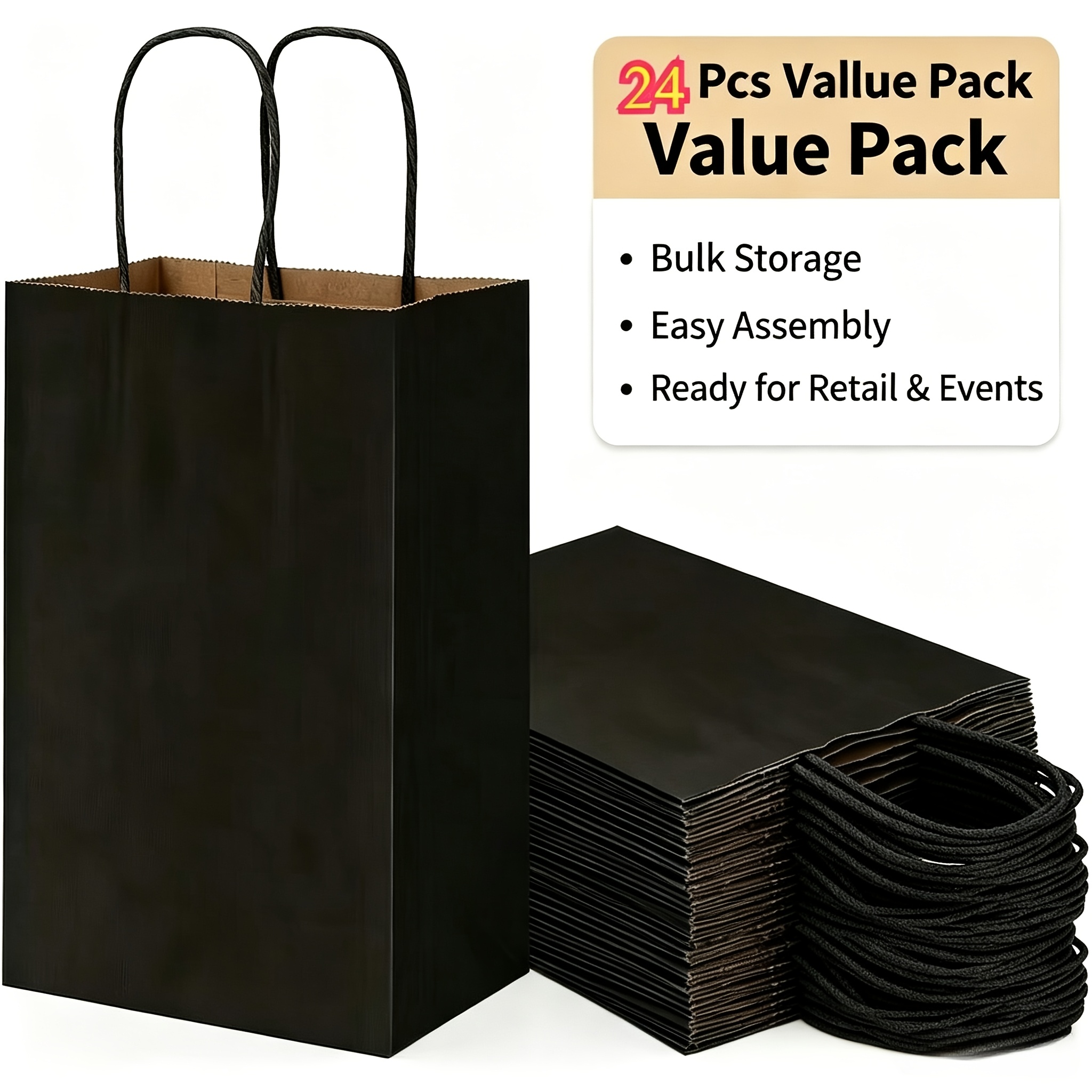 TEMU 24 sacs cadeaux en papier noir d'Halloween avec poignées, prise antidérapante, sacs de courses en papier de qualité supérieure pour cadeaux de