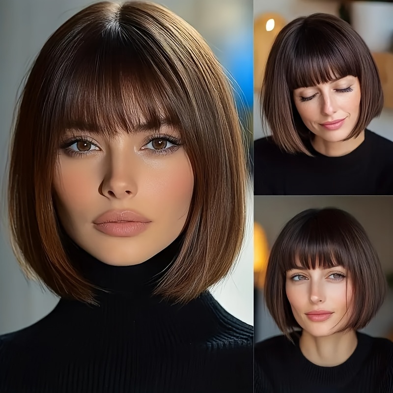 

1pc Elegant Curly Wave Bob Wig For Women - 12inch Straight Synthetic Hair Bangs, High-temperature Fiber, Soft & Breathable, Classic , , Comfortable Lightweight Design