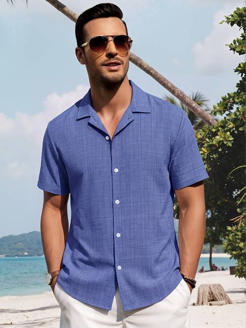 mens new summer solid color basic shirt versatile for daily wear sports beach vacations comfortable and cool fashionable street style cardigan top