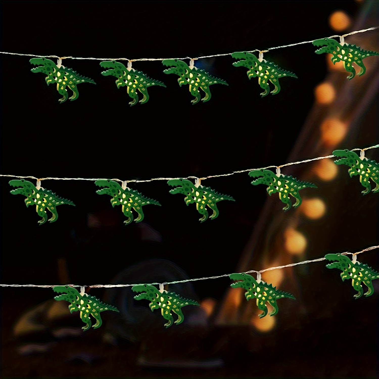 Image of 1.65-meter Dinosaur String Lights With 10 Bulbs, Featuring Metallic Green Dinosaurs, Perfect For Animal-themed Parties And As Decorative Night Lights For Bedrooms
