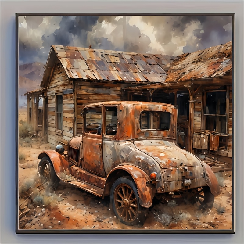 TEMU New Product Launch, 1pc 5d Diamond Painting Kit, Desert Car - Rusted And Time 5d Diamond Painting Full Diamond, Retro