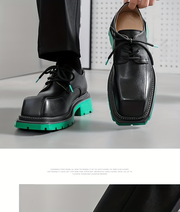 [Trendy Japanese Men's Shoes] Trendy Japanese High-end Popular Men's Shoes | Small Square Head Thick Sole Green Derby Casual Heightening Ins