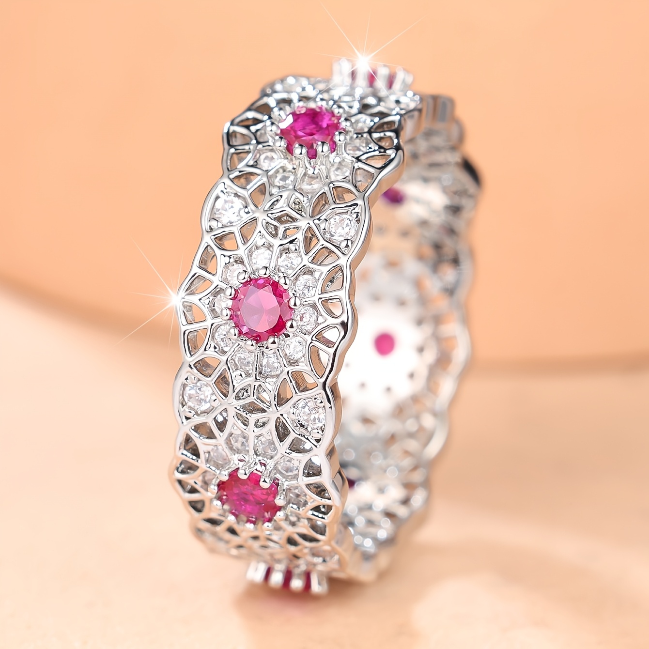 Women's Rose-Red Synthetic Zirconia Elegant Ring with Wide Band