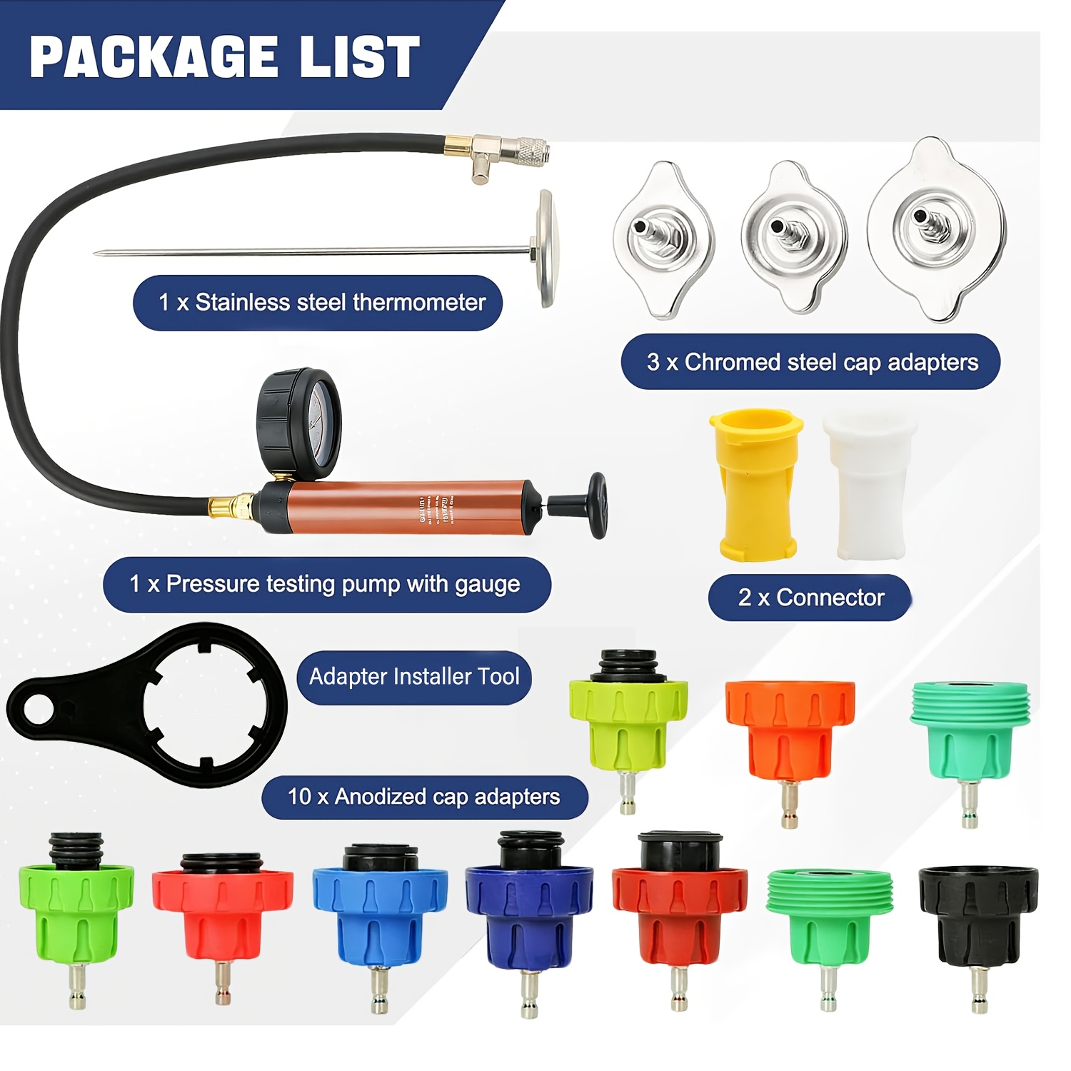 Image of 18pcs Coolant Pressure Tester Kit, Radiator Pump Pressure Tester Kit For Automotive Cooling System Water Tank Leak Detection