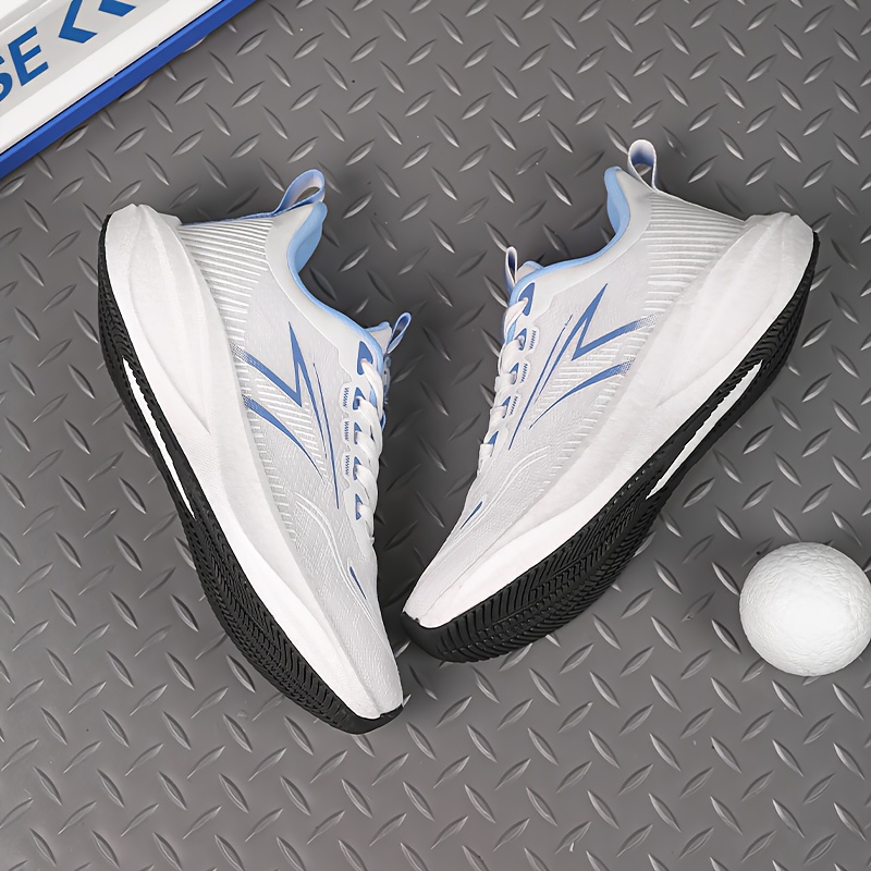 Zapatillas de deporte blancas/azules para mujer y unisex - Zapatillas transpirables de caña baja de talla grande con suela de carbono, amortiguación que absorbe los impactos para correr, gimnasio, caminar - Calzado deportivo casual de punta redonda (blanco/azul), Zapatos de mujer