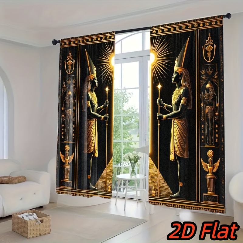 TEMU 2d Flat, 2d Flat 2pcs Elegant Egyptian Art Curtains, Pattern Curtain, Black Golden Vintage Style Window, Decor For Living Room Bedroom Dining Room Balcony, Polyester, 2d Flat
