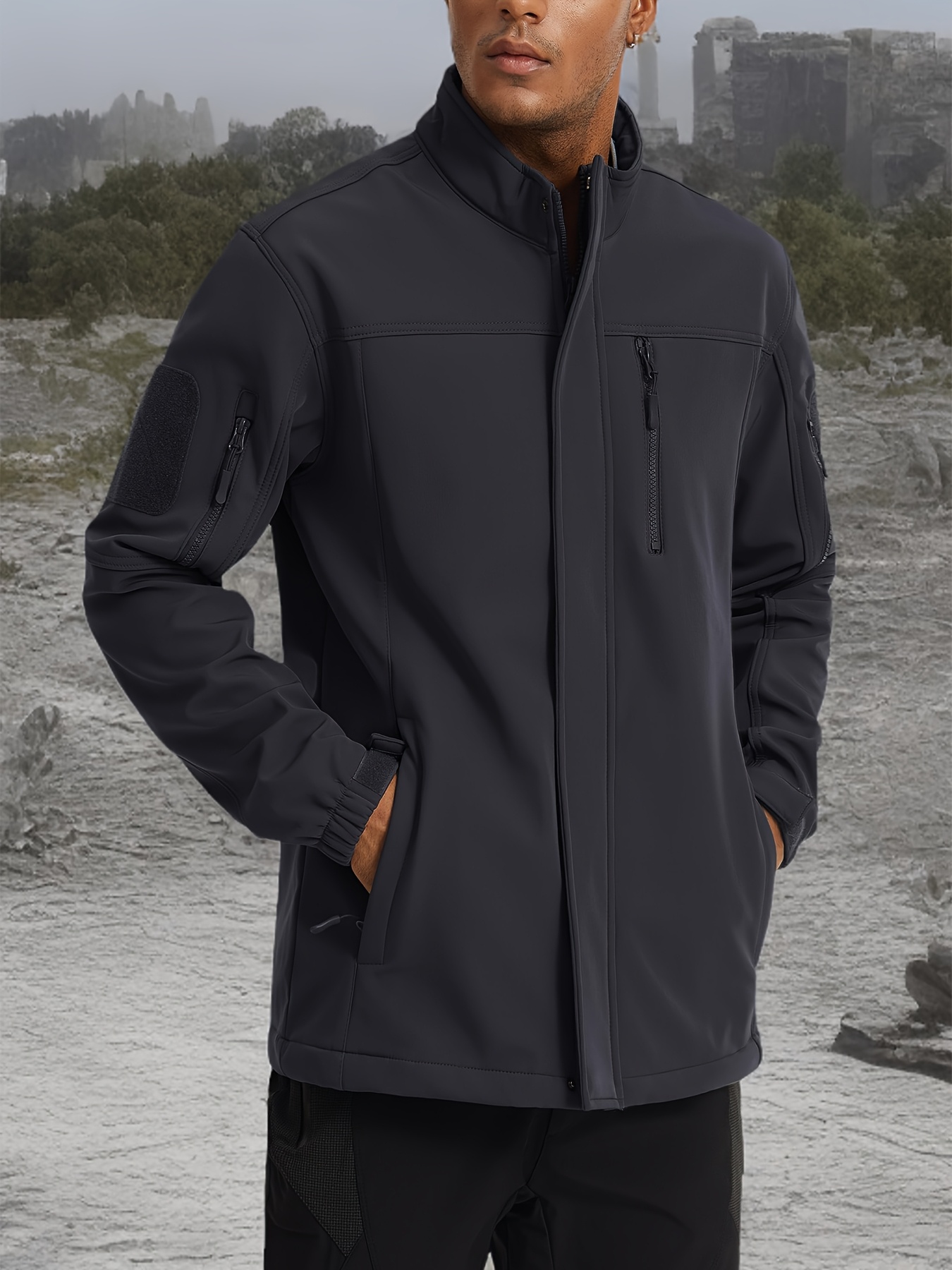 Men'S Soft Shell Windproof Jacket 6 Pockets Polyester Fleece Lining Hiking Winter Jacket Windbreaker Outwear Binded Cuff Perfect For Hunting, Fishing, Hiking, Camping, Climbing