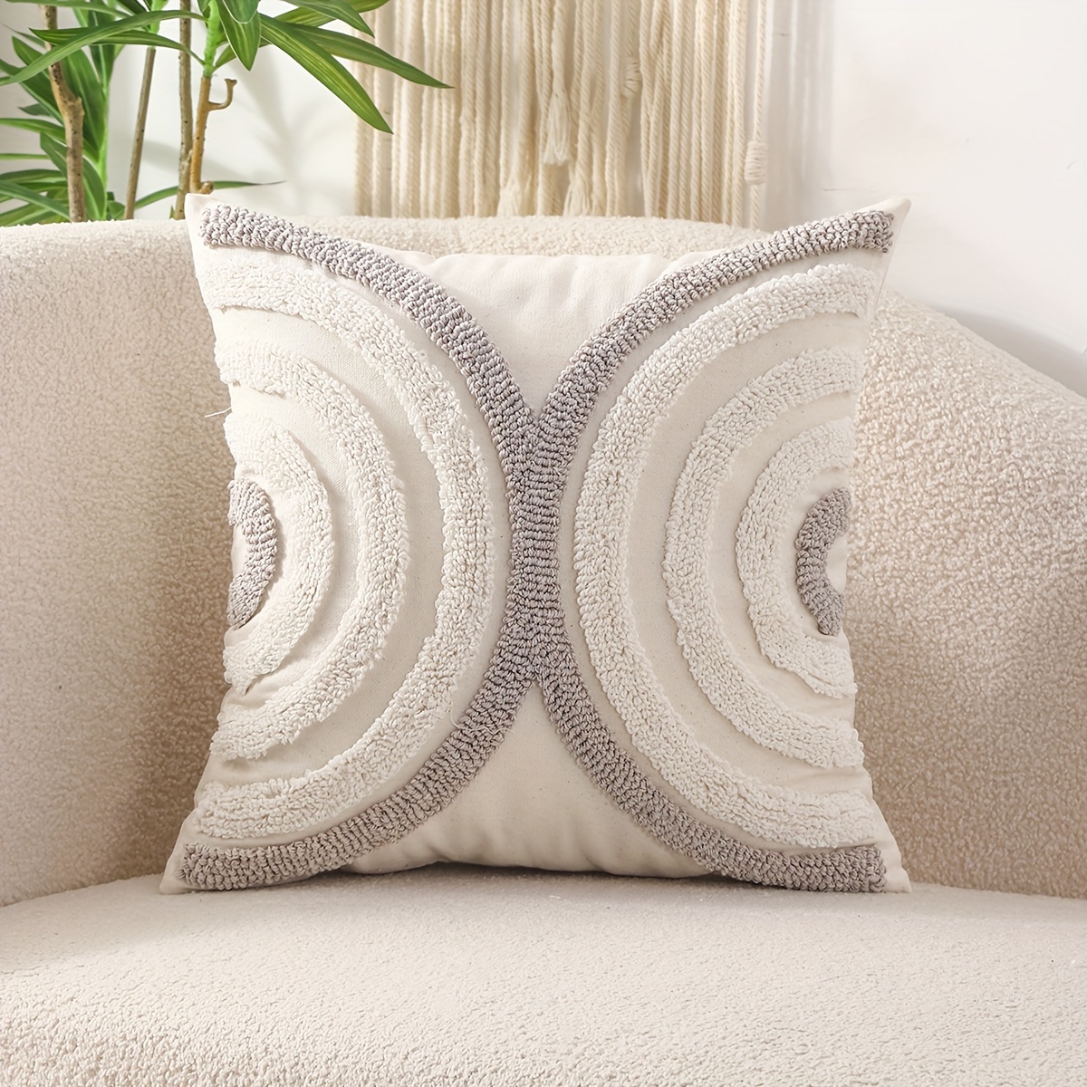 1pc Fleece Throw Pillowcase With Geometric Pattern Canvas Embroidery