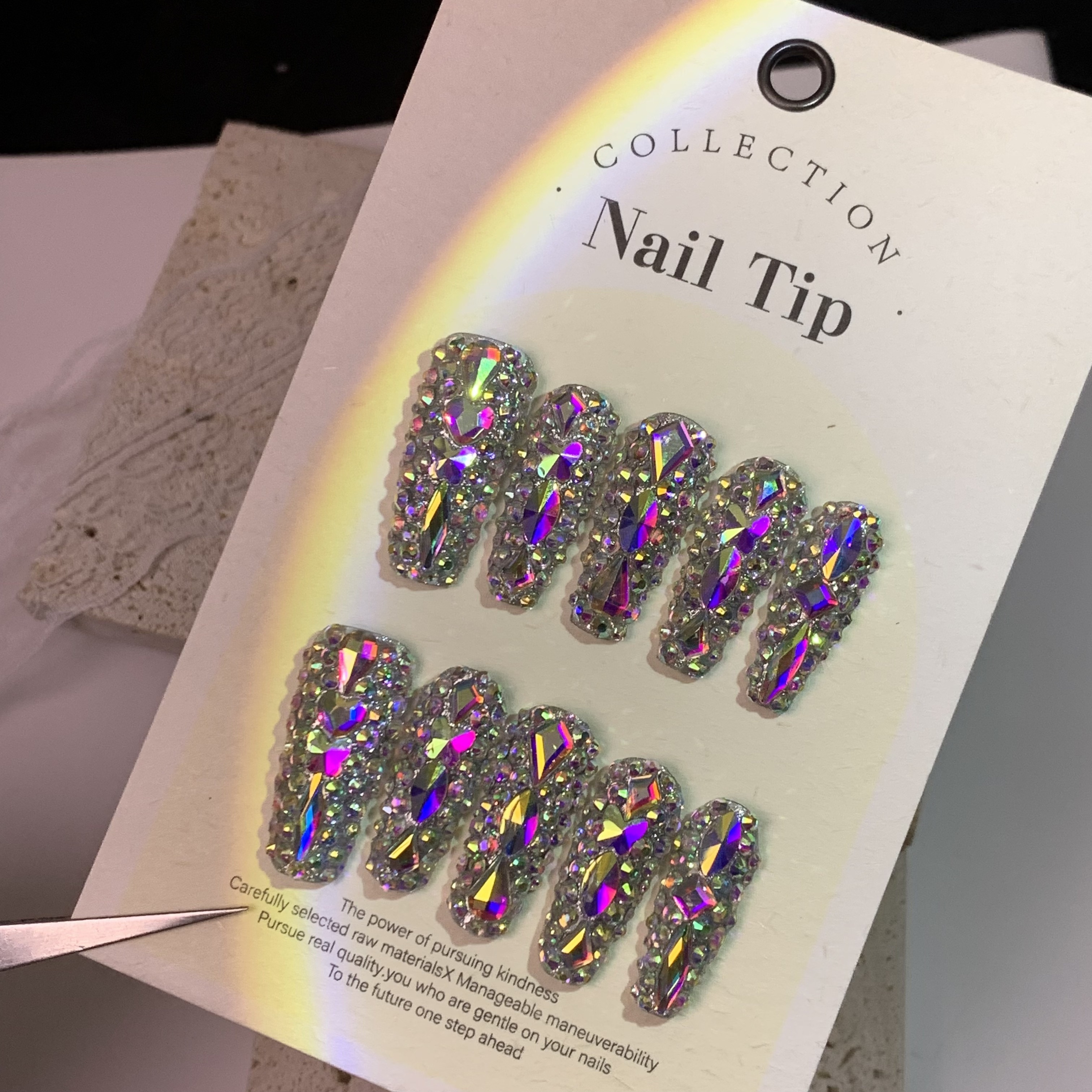 

Handmade Press On Nails, Coffin Fake Nails With Rhinestones, Full Cover False Nails For Women And Girls