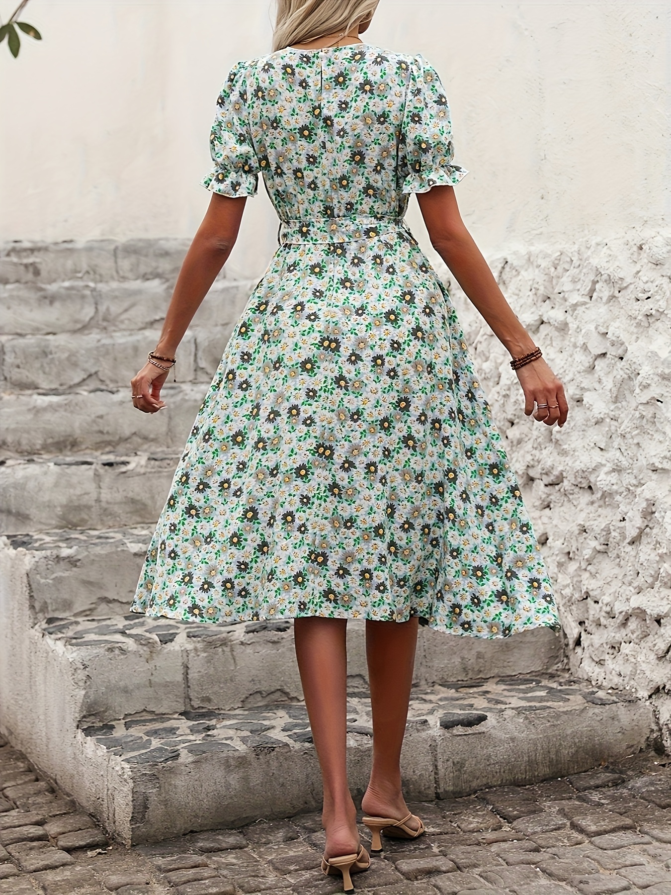 ruched short sleeve loose green midi dress Women's Elastic Floral Print – A-Line Summer Vacation Crewneck With Pockets nav-287