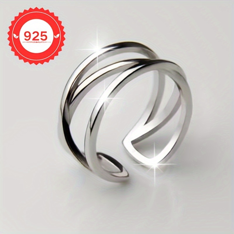 A Ring Made of S925 Silver Featuring a Geometric Three-Layer Line Cross Design, Embodying Minimalism. It Is Adjustable And Suitable for Everyday Wear, Parties, And Gifts - Elegant Jewelry Perfect for All Seasons