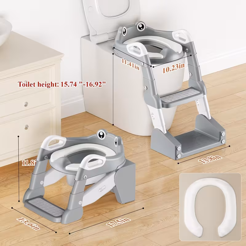 Frog Style 2-in-1 Toddler Toilet Training Seat with Step Stool - Splash Proof, Anti-Slip, Gray