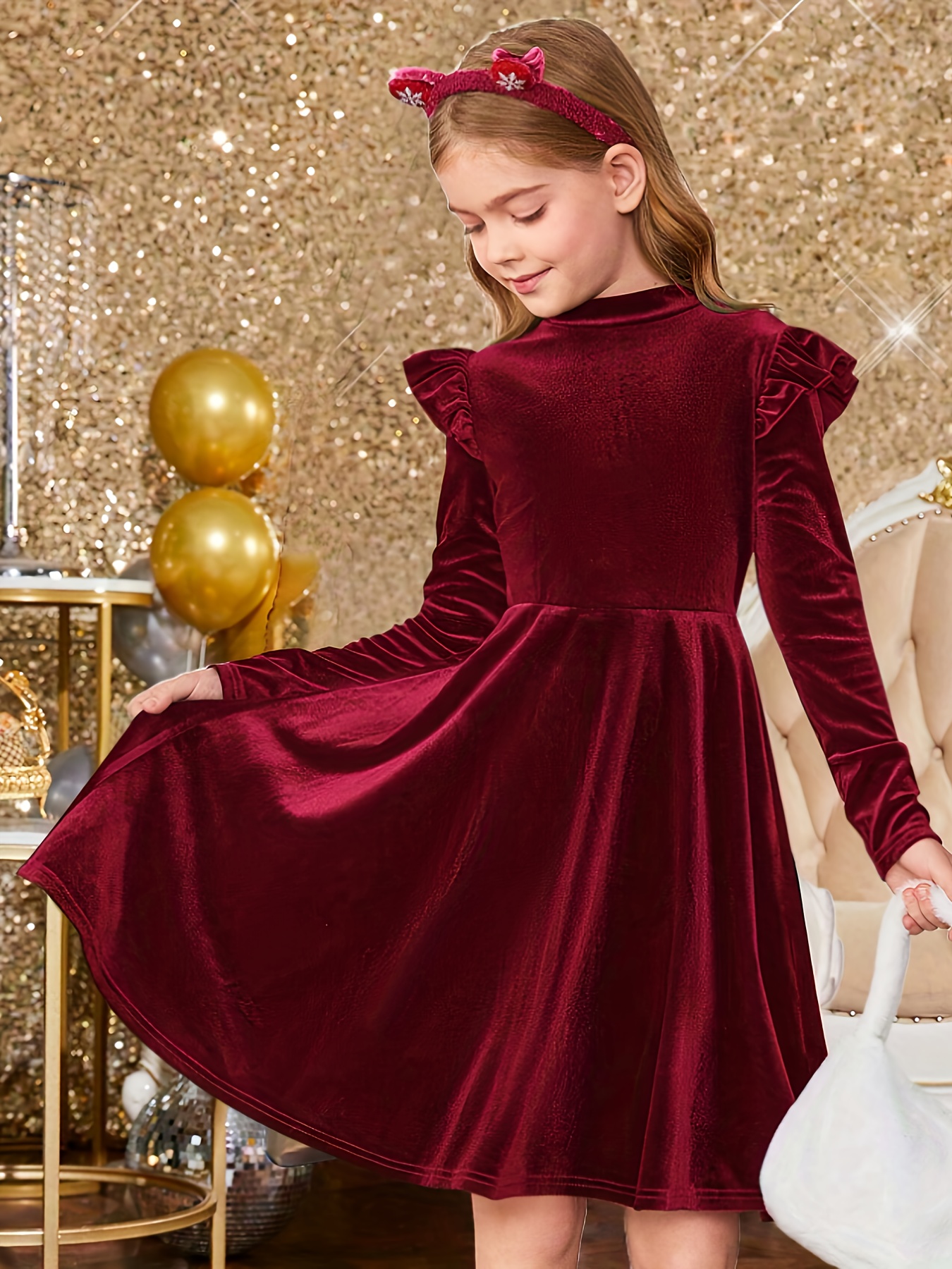 navy blue dress for baby girl Girls' Long Sleeve Dress for Autumn and Winter, Velvet-like Fabric with  Ruffle Design, Ideal for Christmas, Parties, Daily Wear, and Gift *