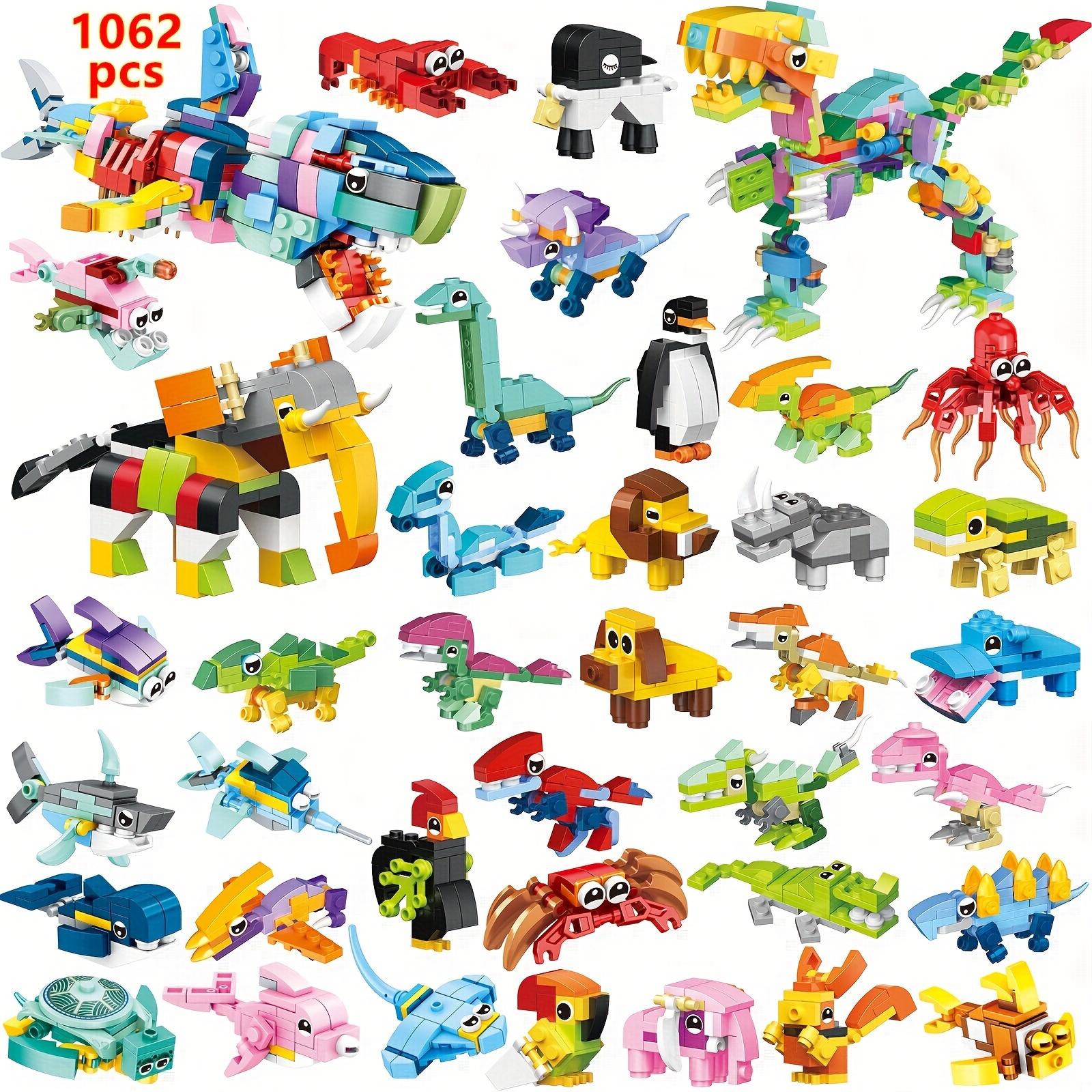 

36 Pieces Animals, Building Blocks Set 1062pcs, Assembled , Assorted 36 Fish Dinosaurs Insects Diy Model, Intelligent Toys For Birthday Christmas Gifts