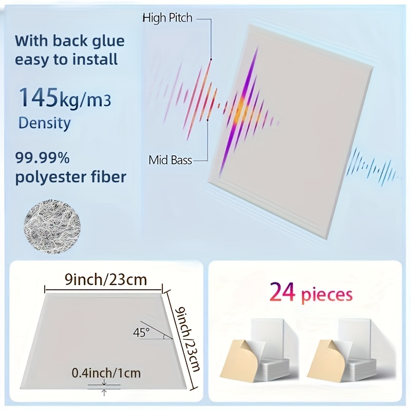 Image of 24pcs, , Sound-absorbing Sound Insulation Board, -absorbing Panel, White Fiber Sound Insulation Board, Sound Insulation Panel ( Square, Side Length, 9inch, 24pcs, White)