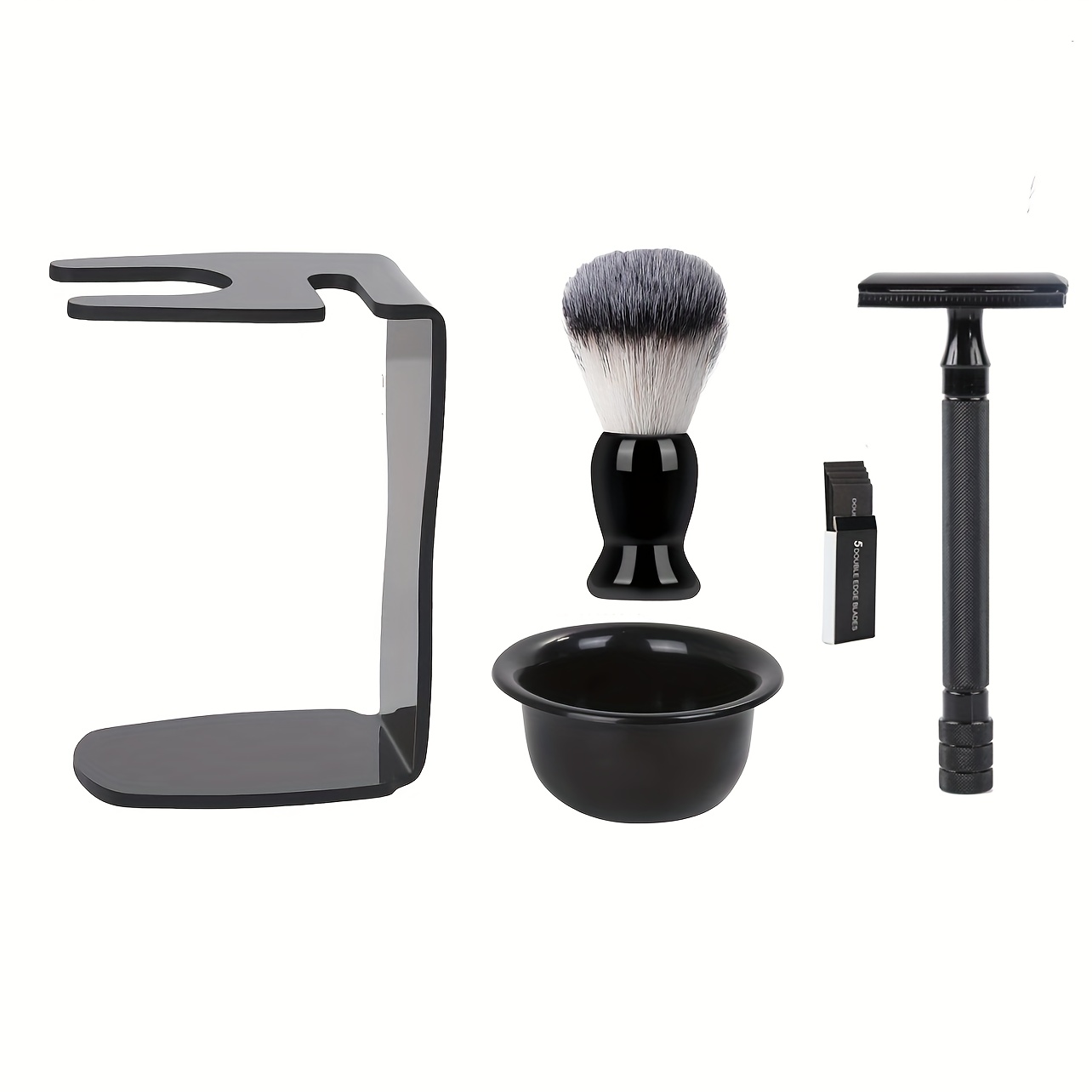 Image of 5pcs In Total, Synthetic Shaving Brush, Safety Razor, (5pcs), Acrylic Stand And Bowl Set, Shaving Set For Men's Beard