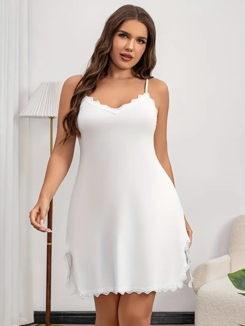 Plus Size * Elegant Casual White Contrast Lace Spliced Side Slit Comfortable Camisole Dress Women's Nightgown Robe Plus Size * Elegant Casual White Contrast Lace Spliced Side Slit Comfortable Camisole Dress Women's Nightgown Robe