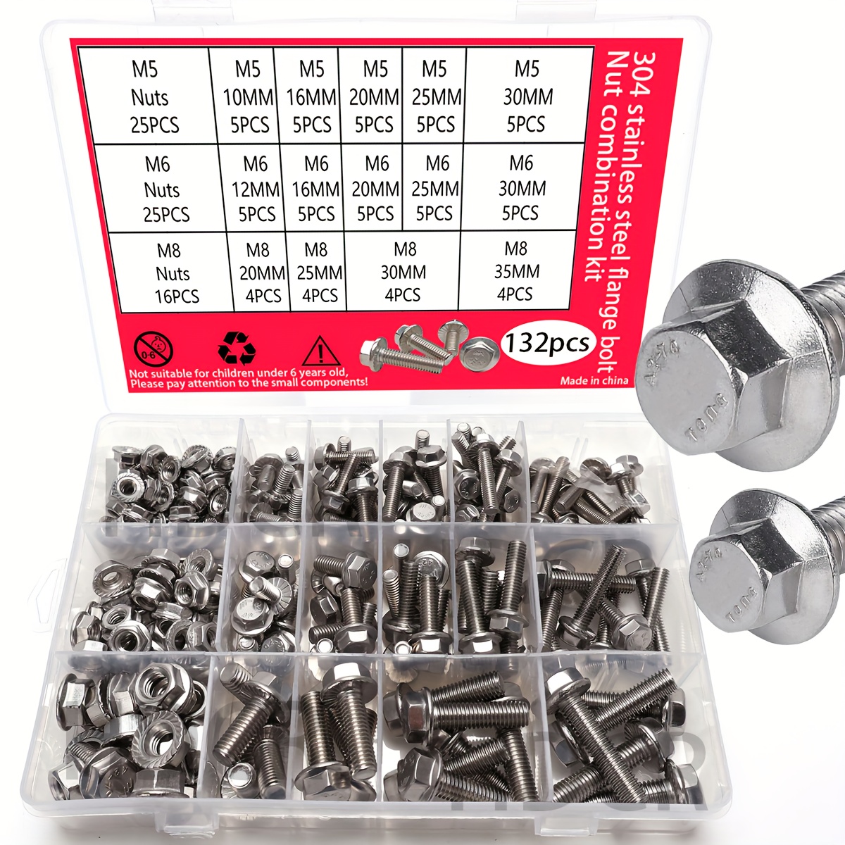 E-shop 132-teiliges Edelstahl 304 Metrisches Flansch-Sechskantmutter-Set, Flanschbolzen Muttern, M5 M6 M8 inklusive 14 gängiger Größen, Vollgewinde-Set