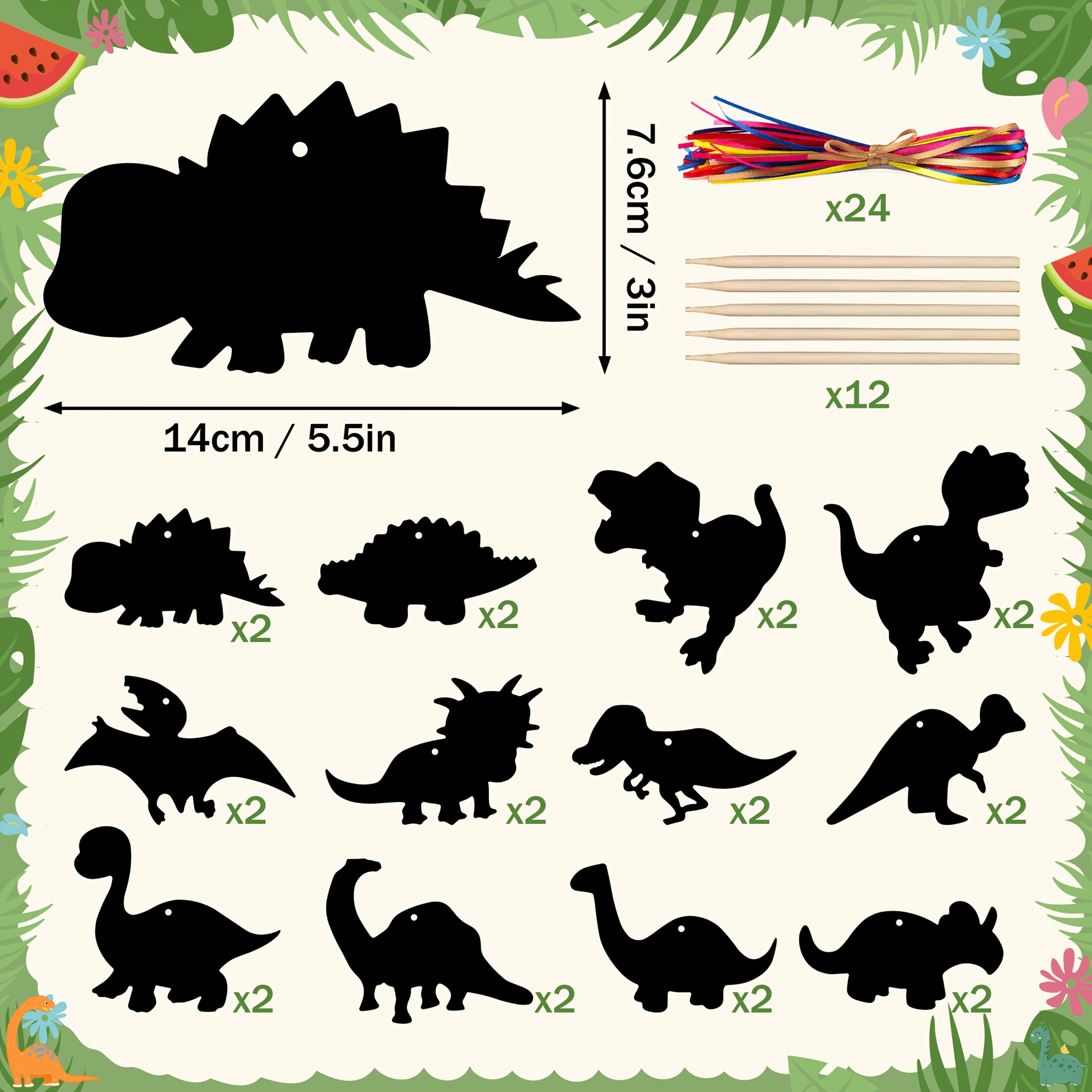 Image of 48/24pcs Dinosaur Scratch Art Set - Paper Kit For Dinosaur Party And Room Decor - Classroom Craft Birthday Party Supplies