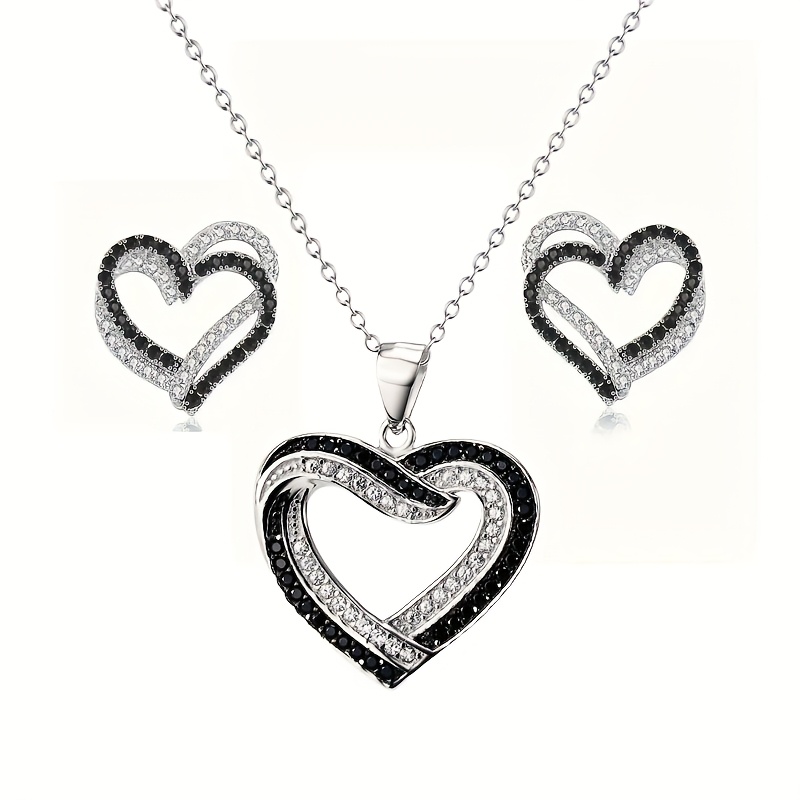 TEMU A 3pcs Women's Fashionable Heart-shaped Jewelry Set Featuring A Double-layer Design Of Black And Transparent Synthetic Gemstones, Including An