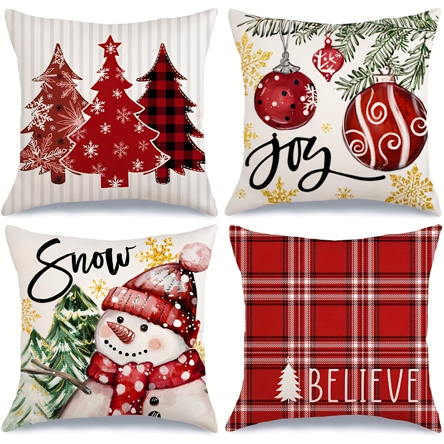 

Jit Set Of 4 Christmas Cushion Covers, Rustic Country Style, Machine Washable, Linen, Zippered, Assorted Holiday Patterns With Trees, Snowflakes, Snowman, Farmhouse Decor For Rooms