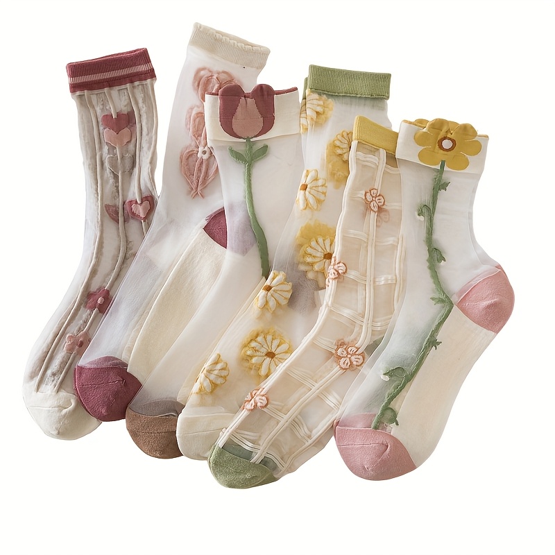 5 Pairs Of Glass Fiber Crystal Socks, Plant Flower Ultra-thin Transparent Ice Cold Card Mesh Breathable Mid Tube Stockings, Soft And Comfortable Stockings