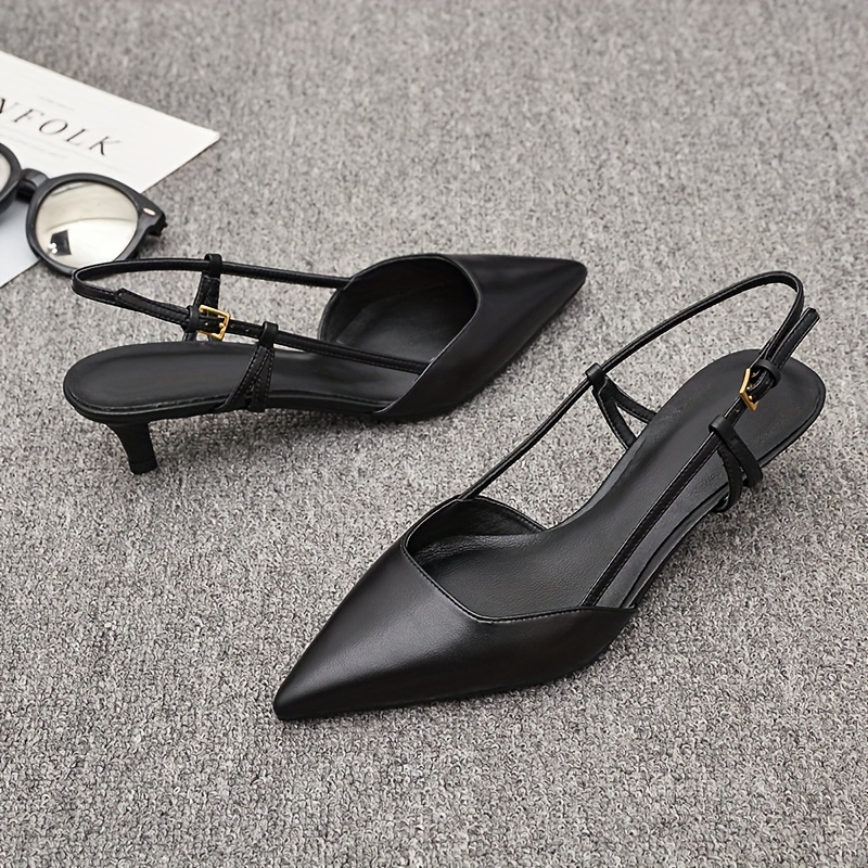 Black Faux Cover Pointed Toe Mid-Heel Sandals for Women - Elegant Summer Party & Professional Wear with Golden-Tone Buckle Strap, Formal Occasion Shoes | Sleek Stiletto Design | Durable Rubber Sole, High Heel Sandals