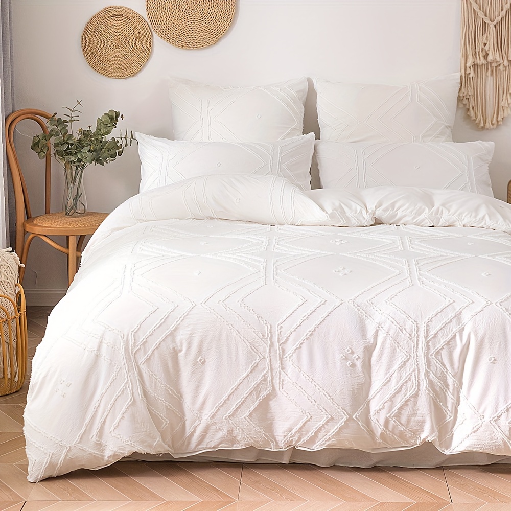 2 3pcs boho tufted duvet cover set 1 duvet cover 1 2 pillowcases without core geometric textured duvet cover tufted bedding set with zipper closure soft and lightweight for   details 4