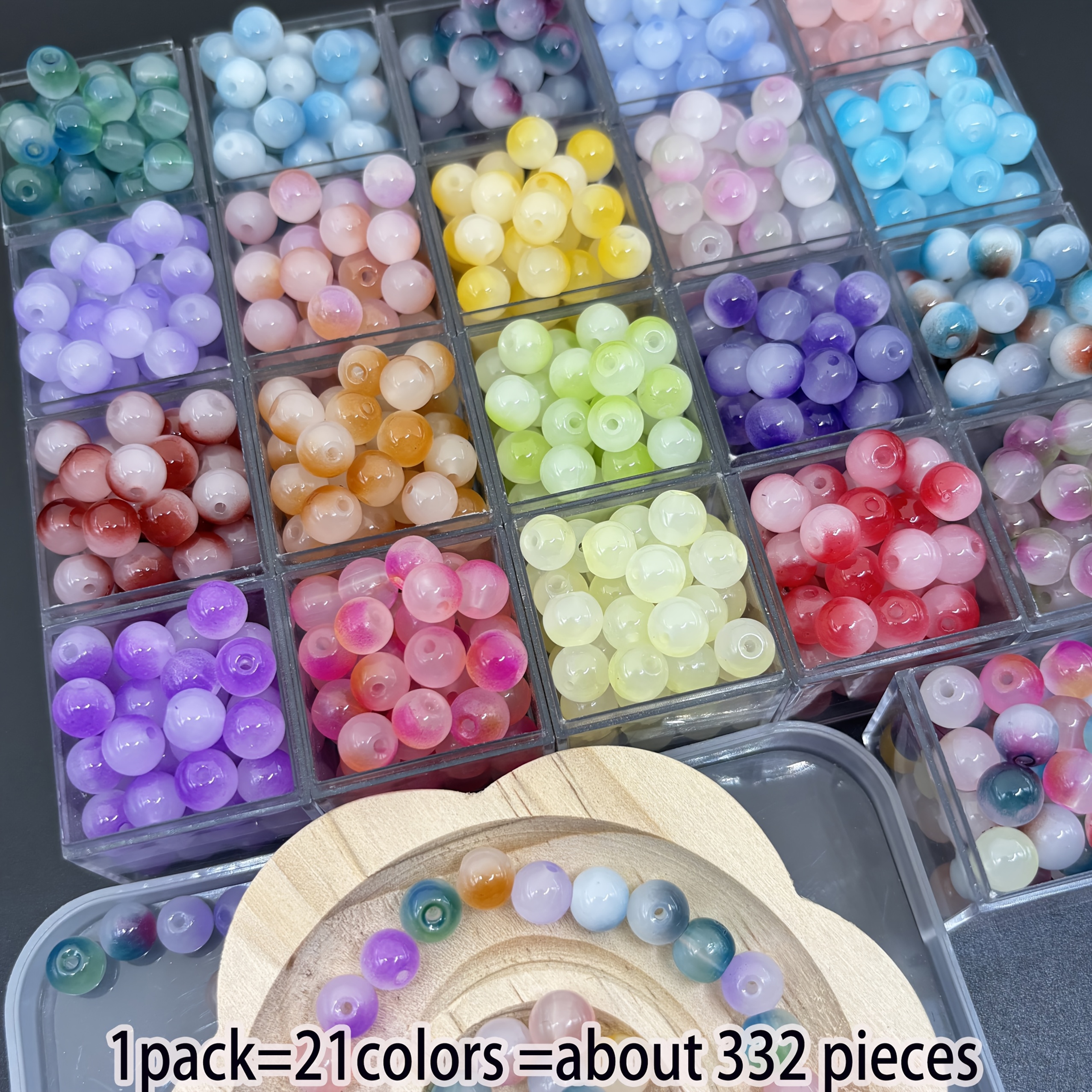 TEMU 332 pièces de perles rondes imitation jade en verre de 8 mm, 21 couleurs, dégradé , pour la fabrication de bijoux DIY, bracelets élégants, ,