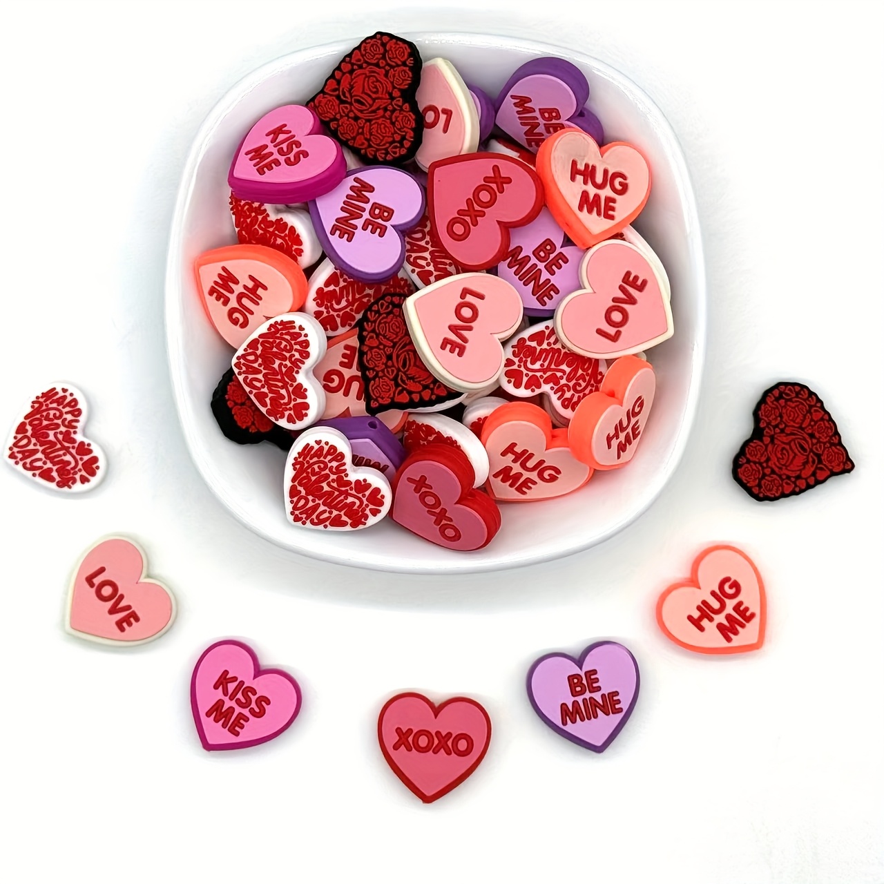 

A Set Of 7 Mixed Silicone Beads In A Valentine's Day Heart Series For Diy Crafts, Suitable For Making Bag Chains, Phone Straps, Bracelets, Necklaces, Keychains, And Jewelry Decorations.