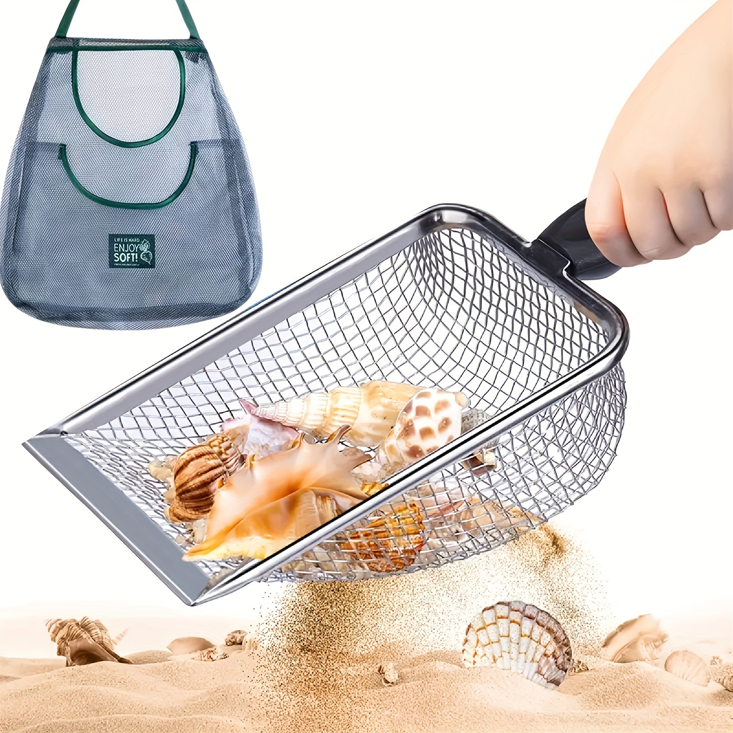 

2pcs/set, Beach Shovel With Mesh Beach Bag For Shell Collecting, Sand Filter For Picking Up Shells, Holiday Beach Games Supplies