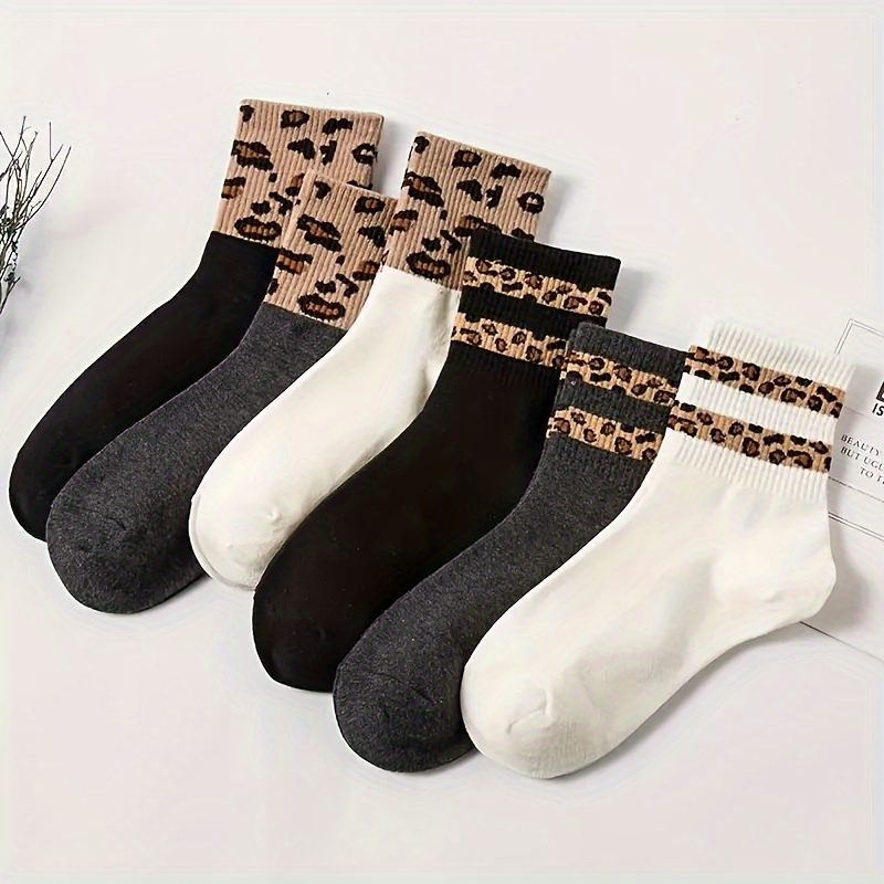 

6pcs Women's Mid-calf Leopard Print Socks - Soft Polyester & Spandex , Machine Washable, Stretchy Knit, Assorted Colors With Chic Leopard Pattern Accents, Cute Socks