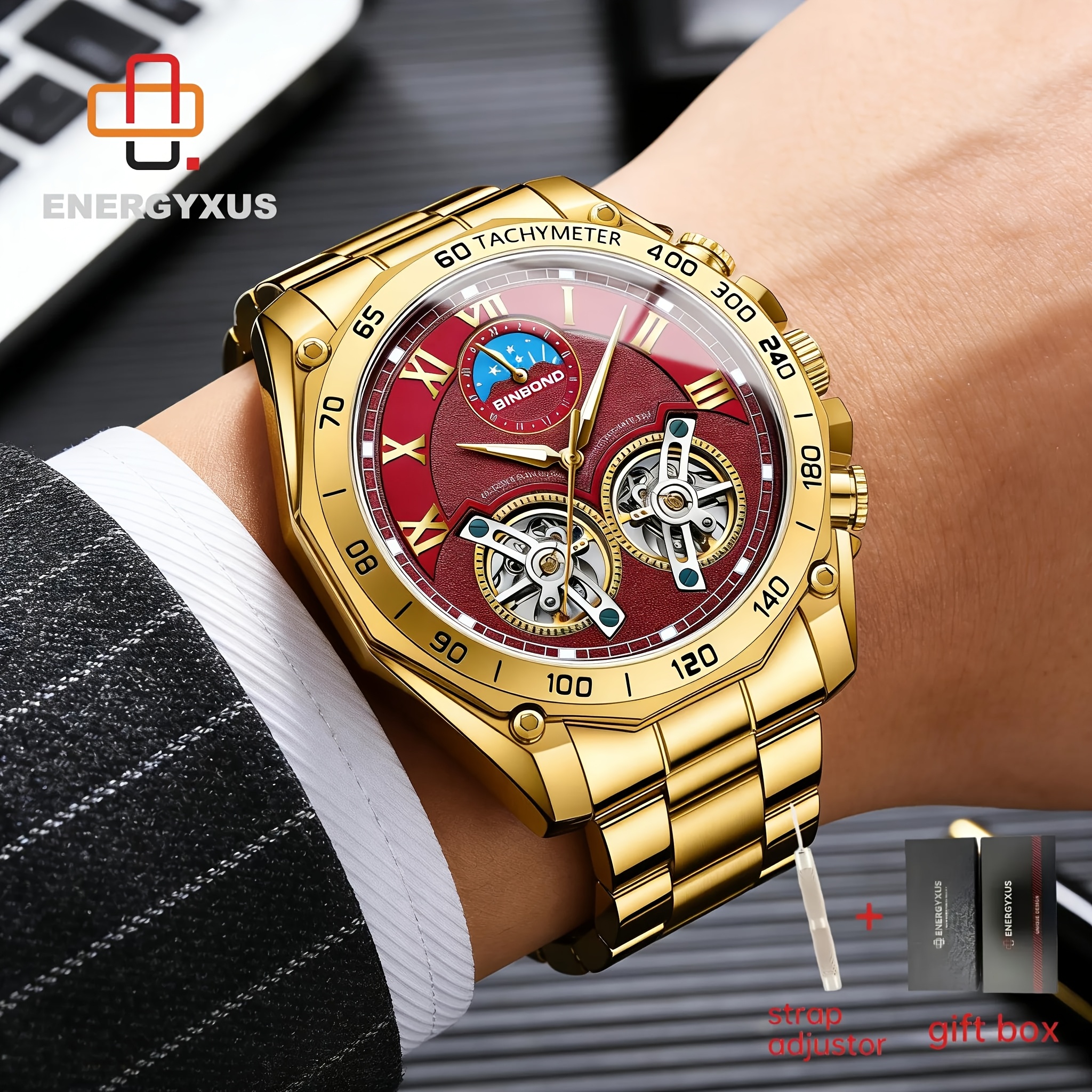TEMU Men's Luxury Mechanical Watch With Double Tourbillon & Skeleton Dial - 24h Chronograph, Luminous Hands, & Black Dial, Multi-functional Watch For