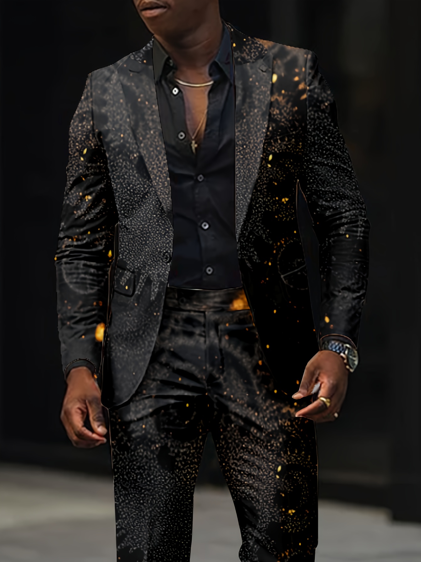 Men's Slim Fit Blazer with Golden and Black Floral Print – Stylish Nightclub & Party Jacket, Polyester, Long Sleeve, Button Closure