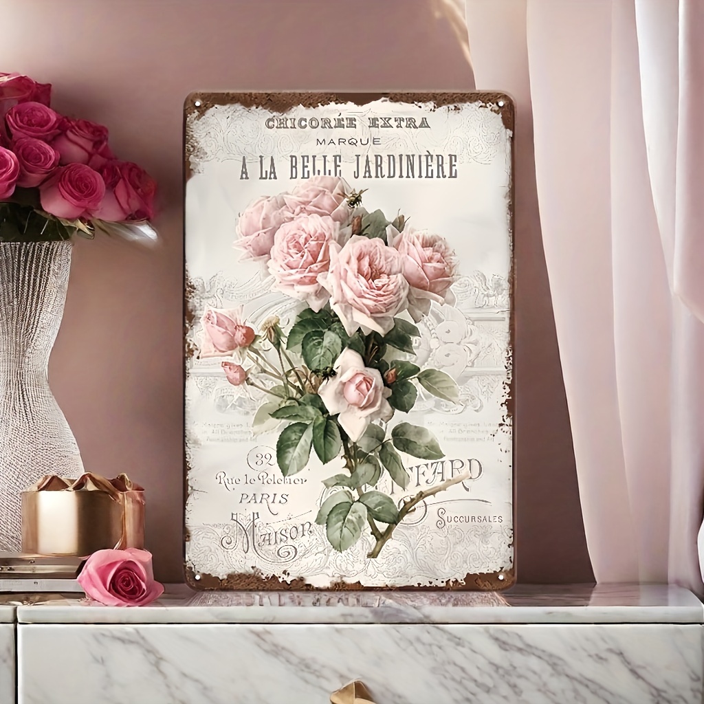

French Rose Shabby Chic Metal Sign, Victorian Cottage Wall Decor, Vintage Flower Garden Farmhouse Decor, 12x8 Inch Tinplate, No Battery Required, Screw Holes For Easy Hanging.