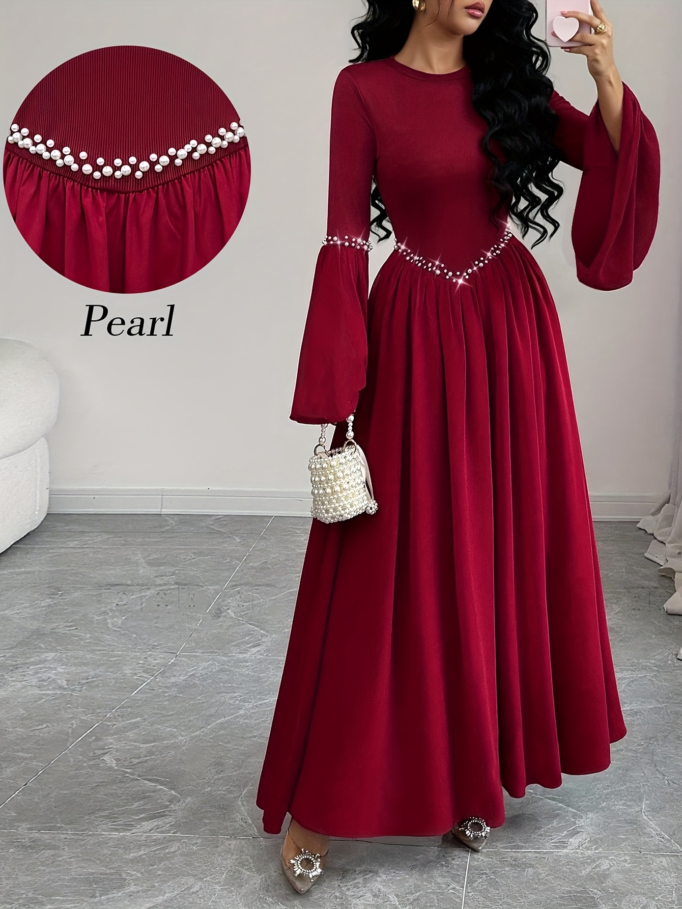 womens elegant long sleeve a line maxi dress with round neck waist cinching burgundy red formal evening gown for weddings Product details 4