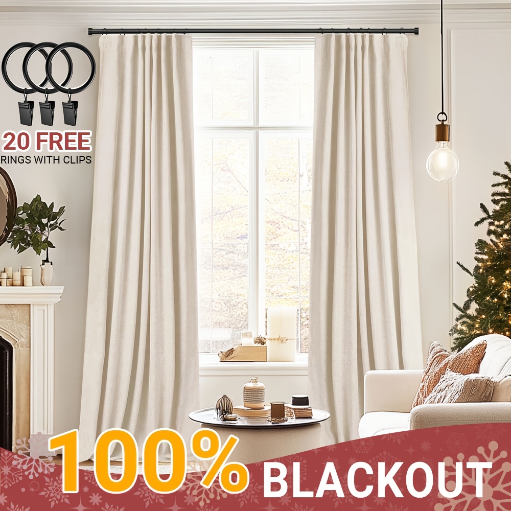 

2 Panels 100% Blackout Curtains For Living Room - Linen Textured Curtains Complete & - Natural For Bedroom - Includes Clip Rings Or Rod Pocket Options-christmas Decor