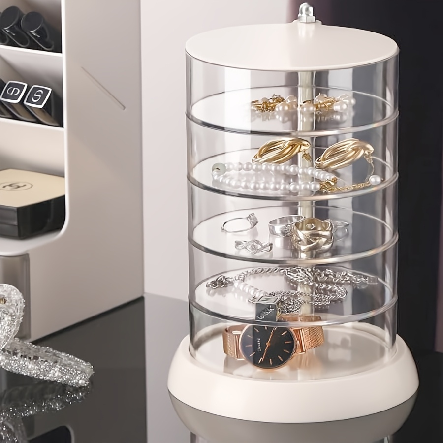 

1pc Acrylic Rotating Jewelry Organizer, 5-tier Round Plastic Storage Box With Lid, Dustproof And Moisture-proof, Multi-functional Dressing Table Accessory Holder For Rings, Earrings, Hair Accessories