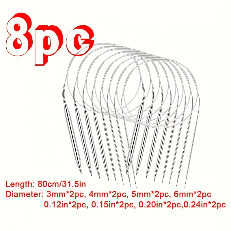 TEMU 8pcs 80cm Long Stainless Steel Circular Knitting Needle Set (3mm-6mm) With Grips - Heavy Duty Knitting Kit For Sweaters, Hats, Scarves, Socks |