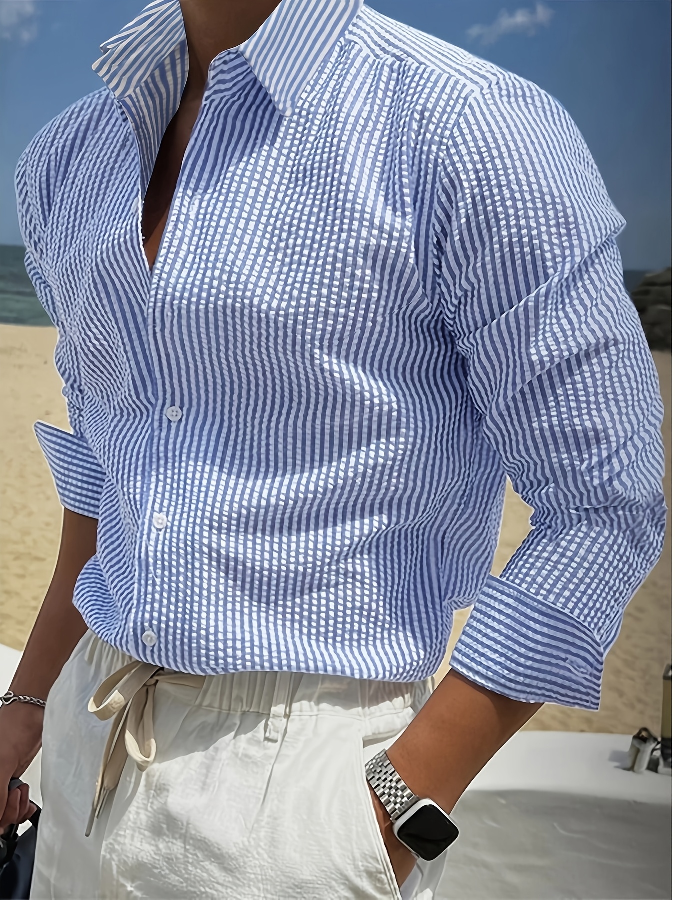 spring summer comfortable   and breathable textured bubble gauze striped long sleeve lapel shirt for men and women casual light  