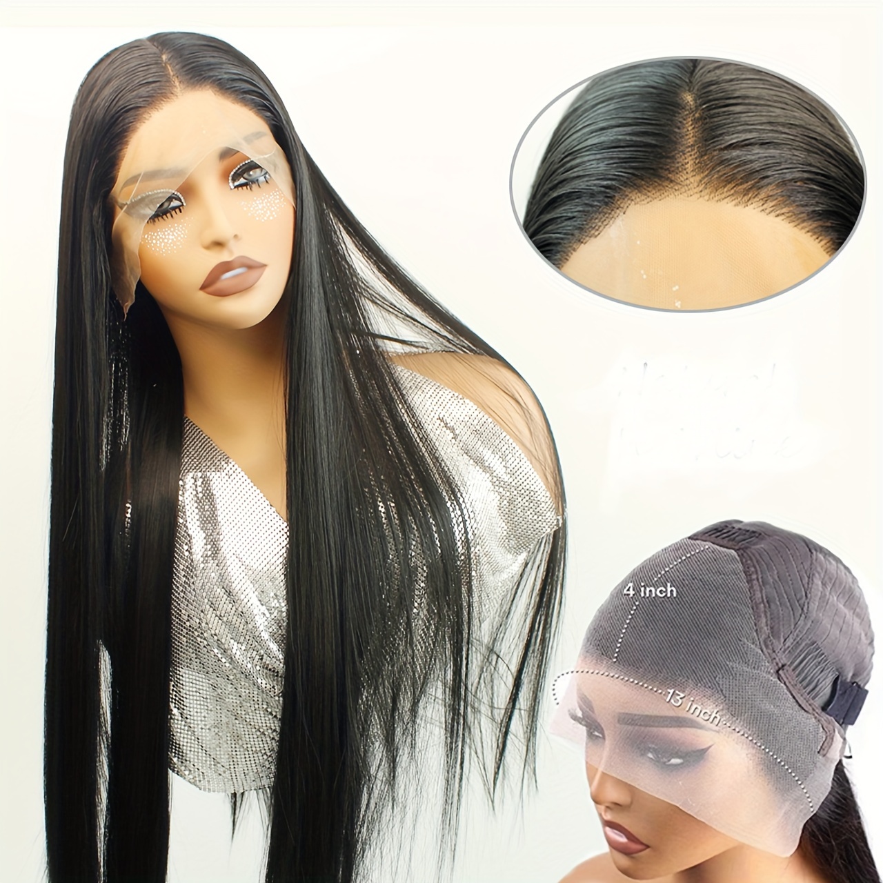 

Black Color Long Straight Glueless Front Lace Front Wig For Woman Middle Part 22in 13*4lace Combs &straps