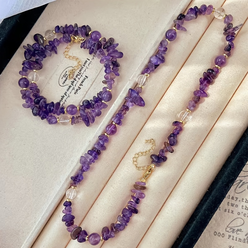 TEMU 1pc Vintage Natural Stone Amethyst Crushed Stone Necklace Fashion Women's Jewelry With Perfect For Beach And Daily Wear Ideal Gift For Her