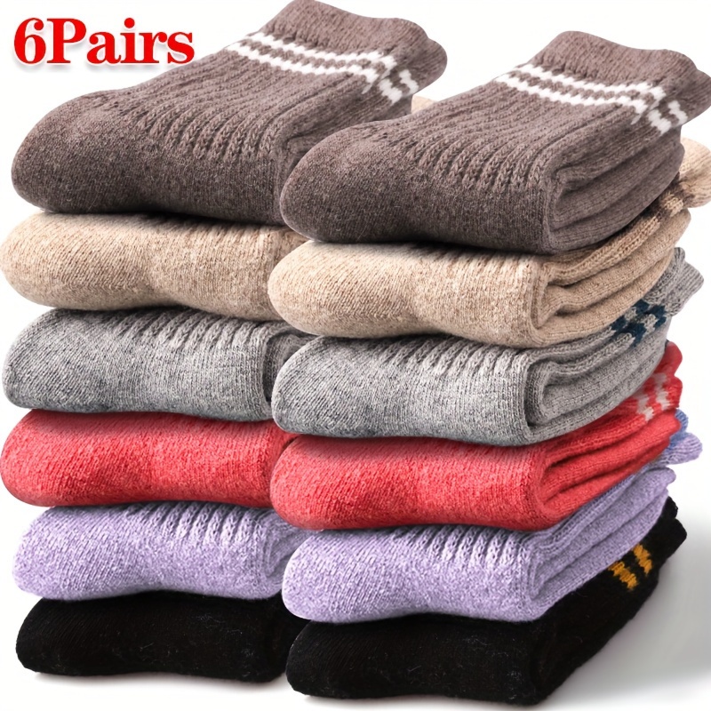 

6 Pairs Women's Thick Wool Socks, Mid-calf Length, Warm Striped Socks, Yarn Knit, Elegant Style, Polyester Blend, Hand Wash Or Dry Clean, Solid Color, Floor Socks, No Detail, 6 Pairs Pack