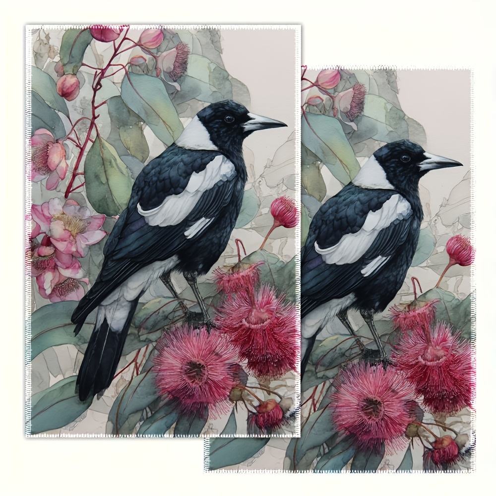 TEMU Cleaning Cloth 2pcs Kitchen Towel, 2pcs Australian Magpie Eucalyptus Floral Watercolor Kitchen Towel – Vintage Floral Tea Towel, Featuring Black