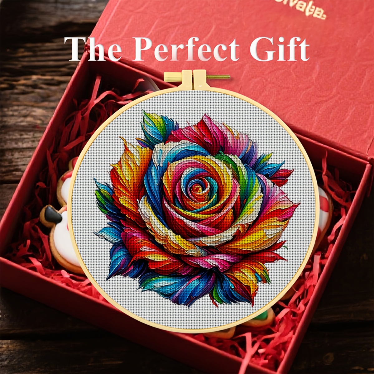 Round Cross Stitch Printed Kit with Hoop, "Rainbow-Colored Artistic Rose" Pattern
