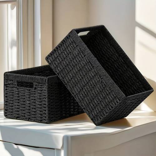 1pc black woven paper rope storage basket 13 4l x 8 3h x 7 1w inches foldable rectangular organizer with handle ideal for shelves and home decor minimalist style durable storage storage bins