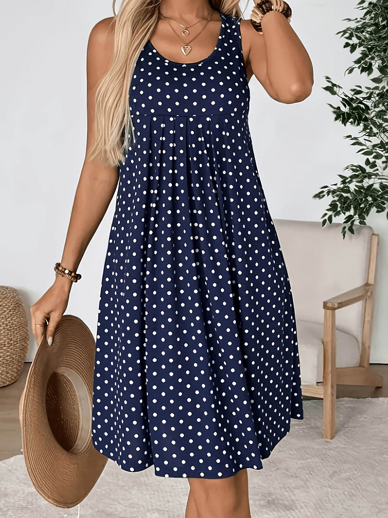 Obrázok položky dámska elegantná vintage šaty s bodkami - bez rukávov - šaty s líniou smock vhodné na nosenie, pratelné v práčke, okrúhly výstrih - vhodné do kancelárie, na párty | priliehavé šaty